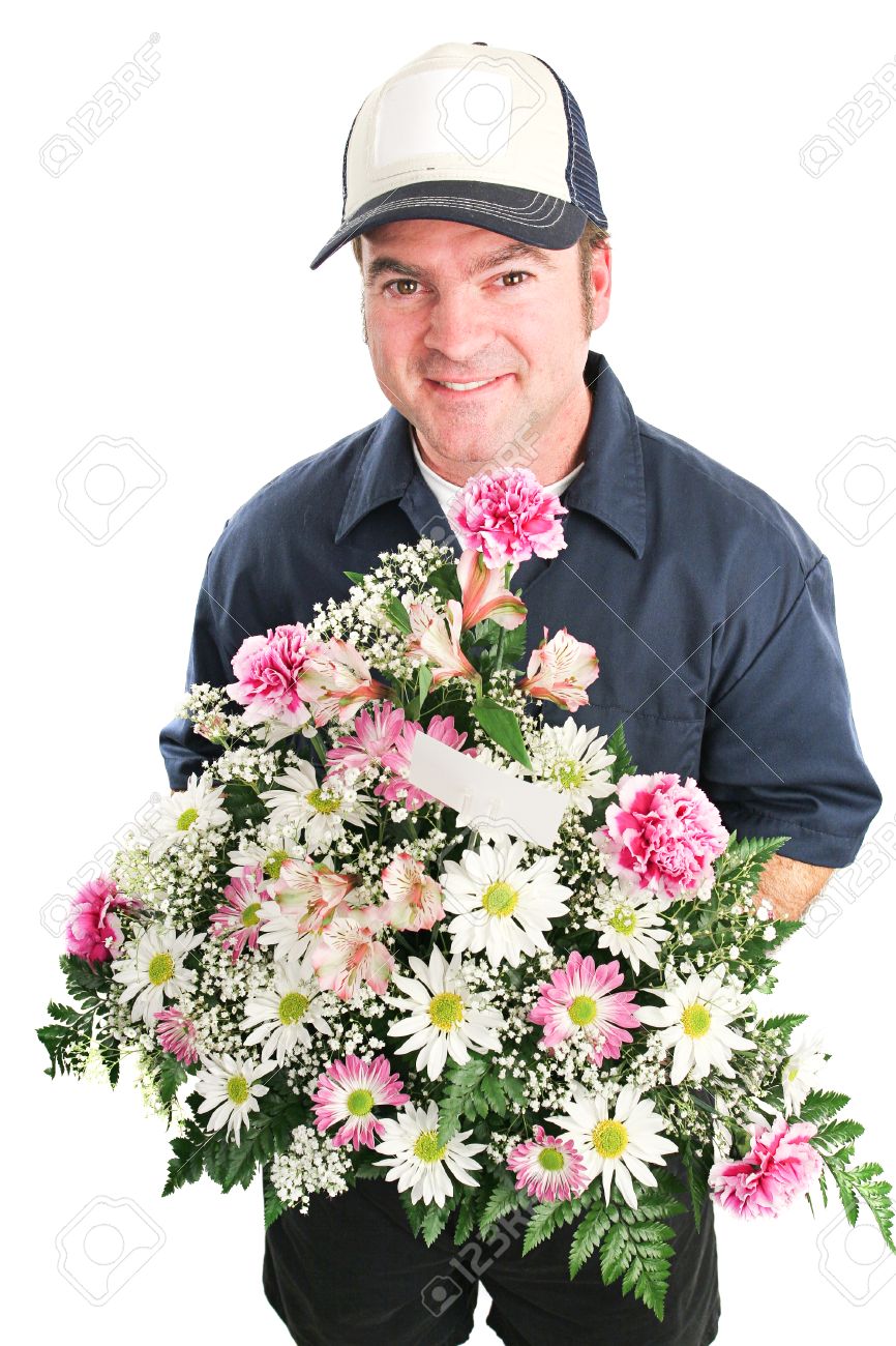 Levering Man Levert Een Boeket Bloemen Voor Moederdag Verjaardag Of Andere Speciale Gelegenheid Geisoleerd Op Wit Royalty Vrije Foto Plaatjes Beelden En Stock Fotografie Image 28558855