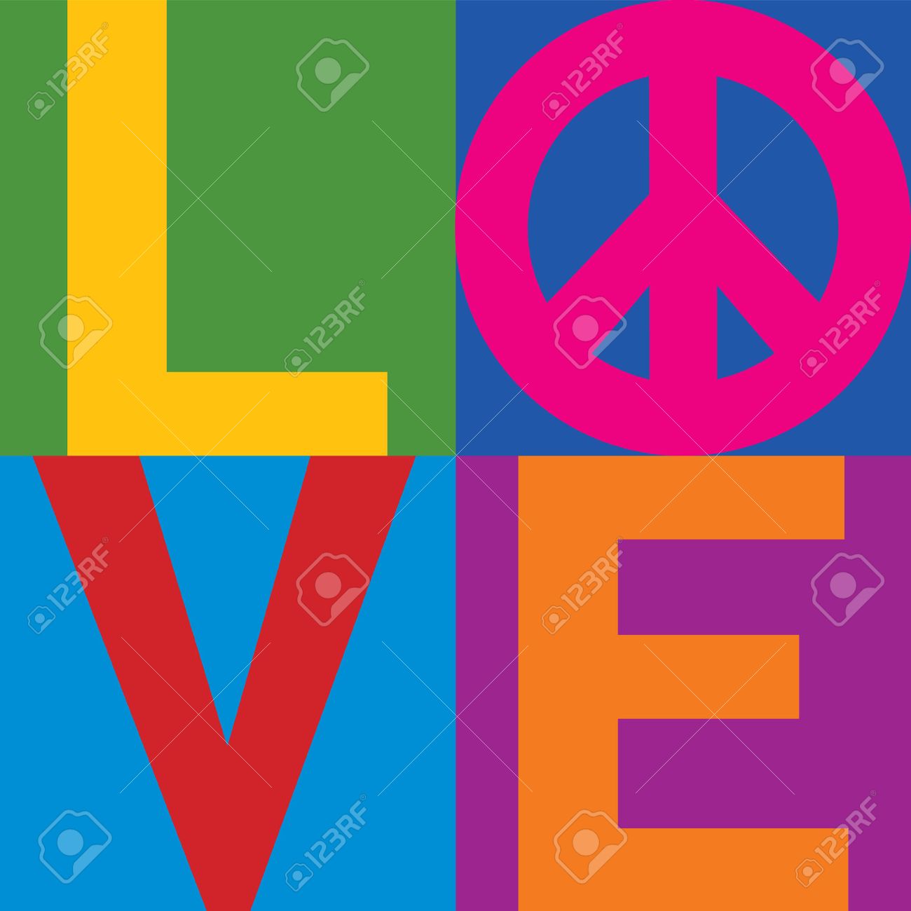 type design of love with peace symbol in a stacked color block