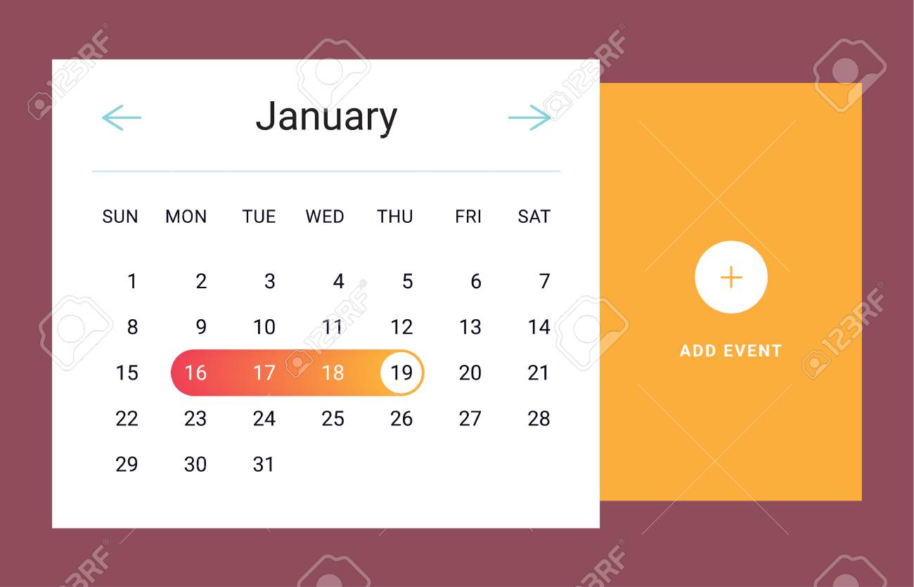 달력 UI UX 요소입니다. 달력 위젯 이벤트입니다. 벡터 일러스트 레이 션. 플랫 스타일의 달력 매일 템플릿입니다. 주황색. 로열티  무료 사진, 그림, 이미지 그리고 스톡포토그래피. Image 69345894