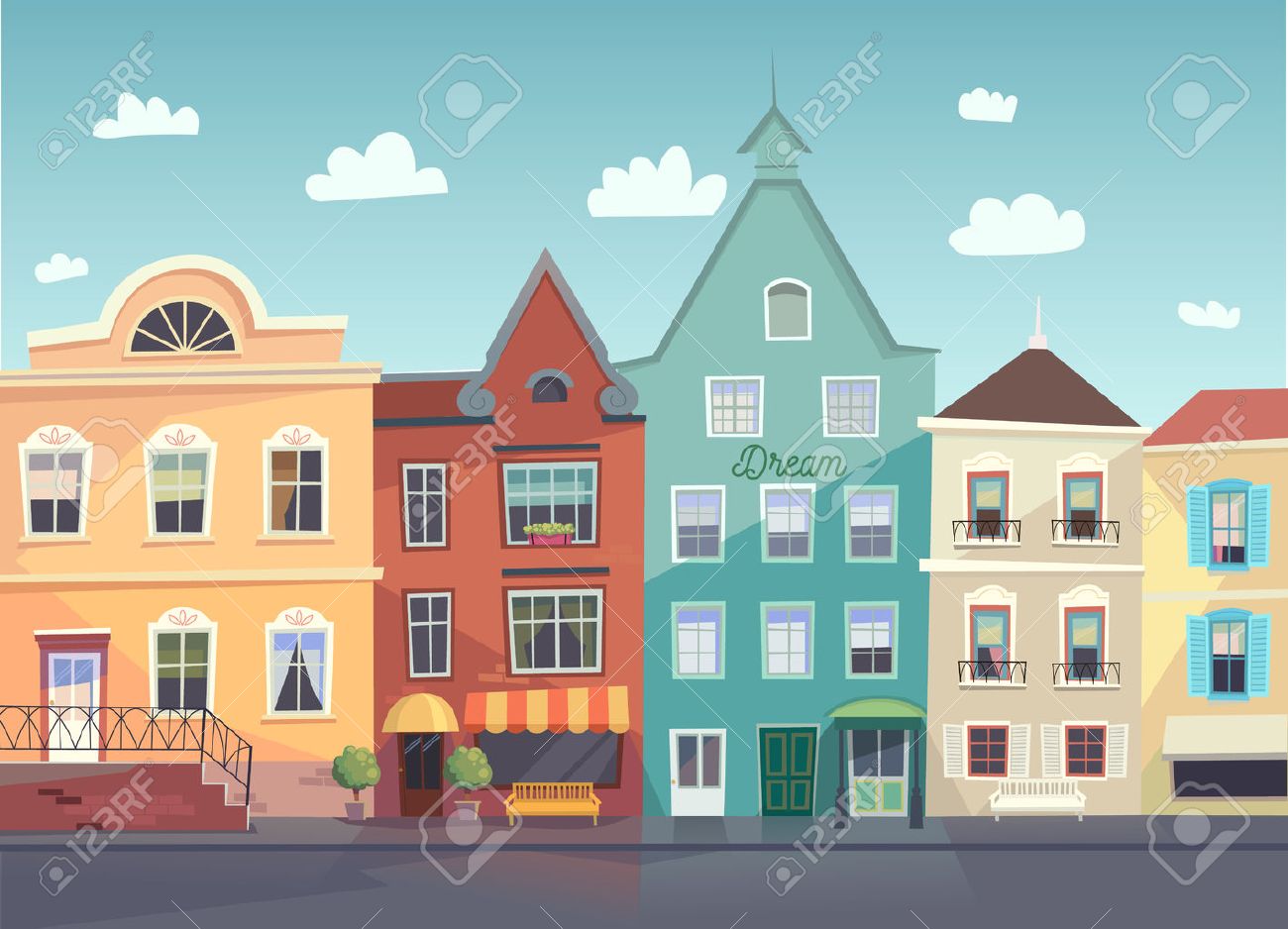 Sunny City street. Doors and windows boutiques, shops, background. - 54006019 Sunny City street. Doors and windows boutiques, shops, background. - 54006019