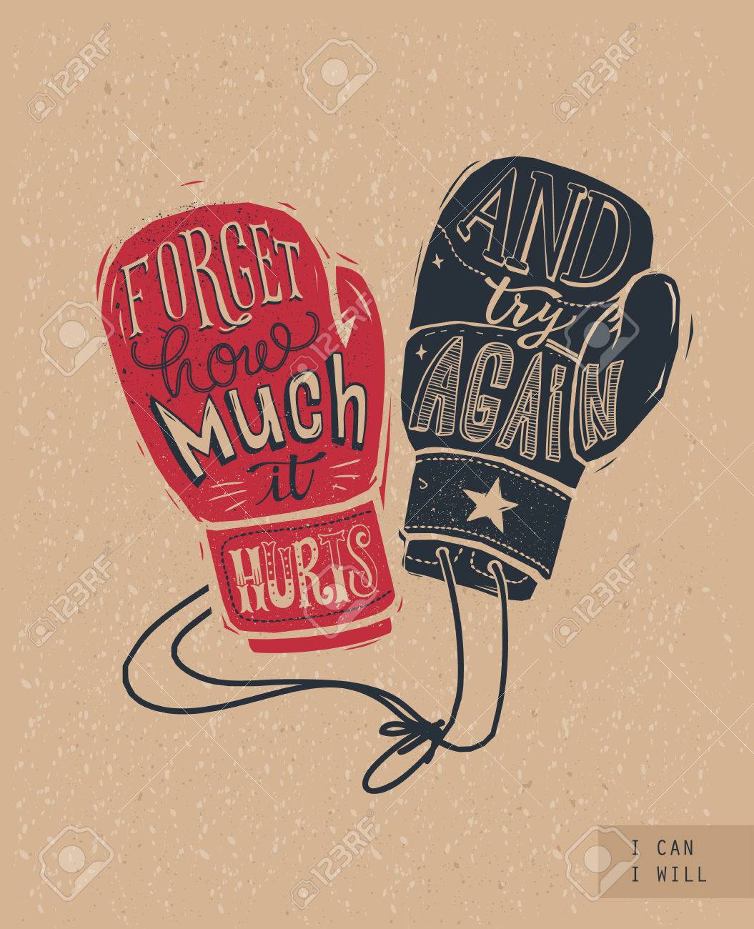 ボクシング グローブの中の手書きのレタリングとクラフト用紙の背景のシルエット 戦いと闘争の概念 動機付けのポスター ポストカード バナーのビンテージ スタイルのベクトル図です のイラスト素材 ベクタ Image