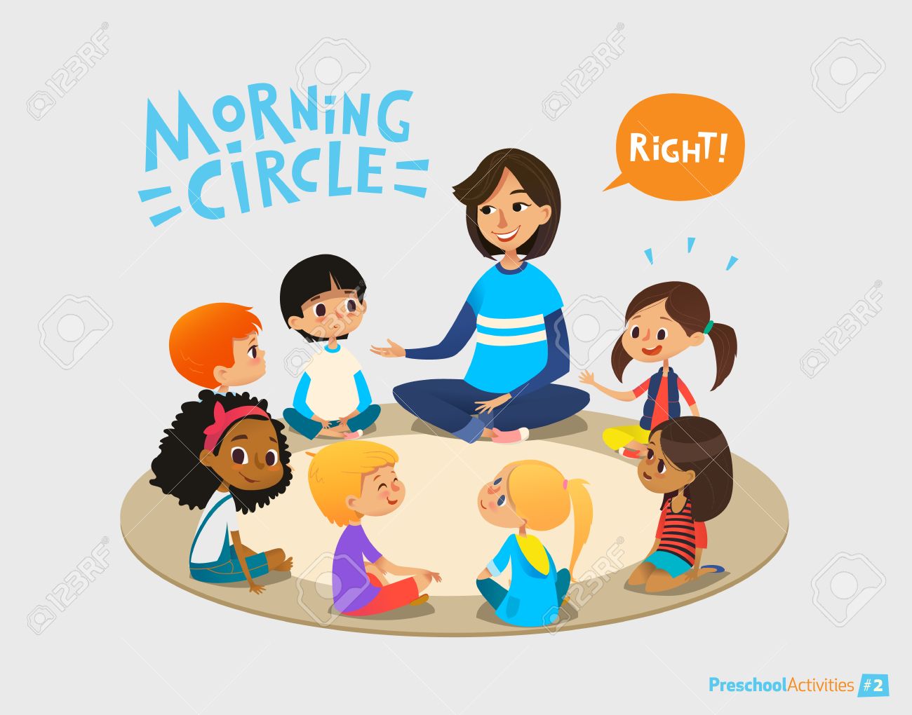 Smiling kindergarten teacher talks to children sitting in circle and asks them questions. Preschool activities and early childhood education concept. Vector illustration for poster, website banner. - 69422951 Smiling kindergarten teacher talks to children sitting in circle and asks them questions. Preschool activities and early childhood education concept. Vector illustration for poster, website banner. - 69422951