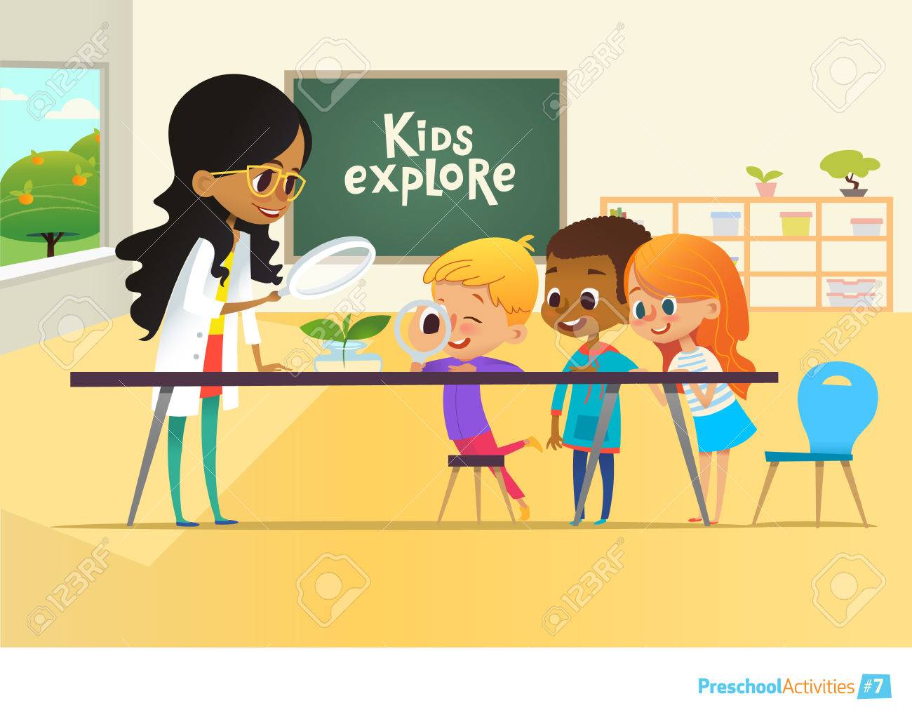Smiling teacher and children looking through magnifying glass at green sprout during biology lesson in classroom. Preschool environmental education concept. Cartoon vector illustration for poster. - 69810460 Smiling teacher and children looking through magnifying glass at green sprout during biology lesson in classroom. Preschool environmental education concept. Cartoon vector illustration for poster. - 69810460