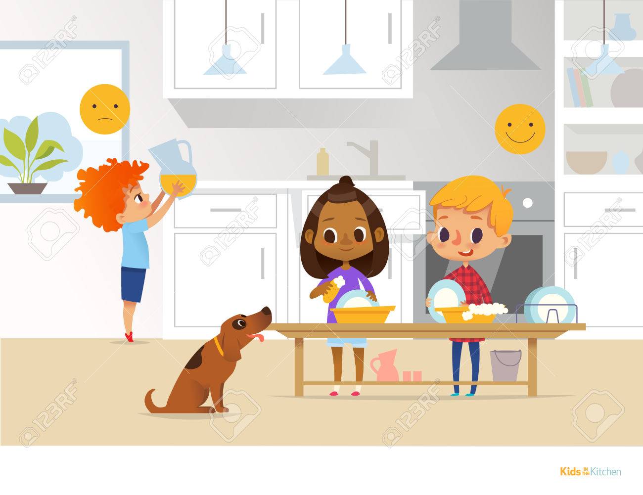 Children Doing Daily Routine Activities In Kitchen Two Kids Washing Dishes And Red Head Boy Children Doing Daily Routine Activities In Kitchen Two Kids Washing Dishes And Red Head Boy