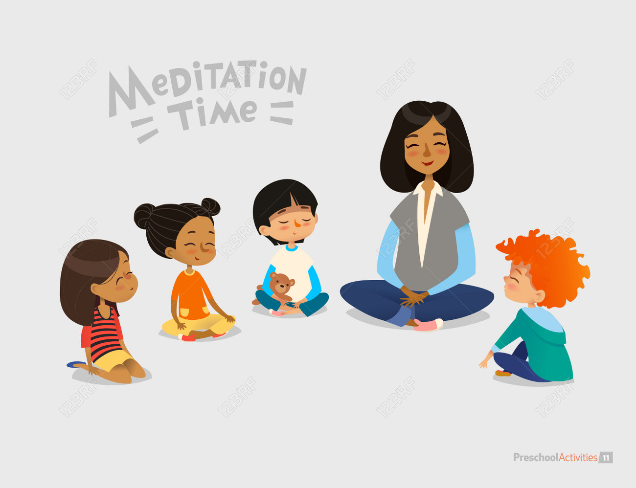 Preschool female teacher and smiling kids sitting in circle on floor and doing yoga exercise. Meditation lesson in kindergarten concept. Vector illustration for banner, website, poster, postcard. - 73779421 Preschool female teacher and smiling kids sitting in circle on floor and doing yoga exercise. Meditation lesson in kindergarten concept. Vector illustration for banner, website, poster, postcard. - 73779421