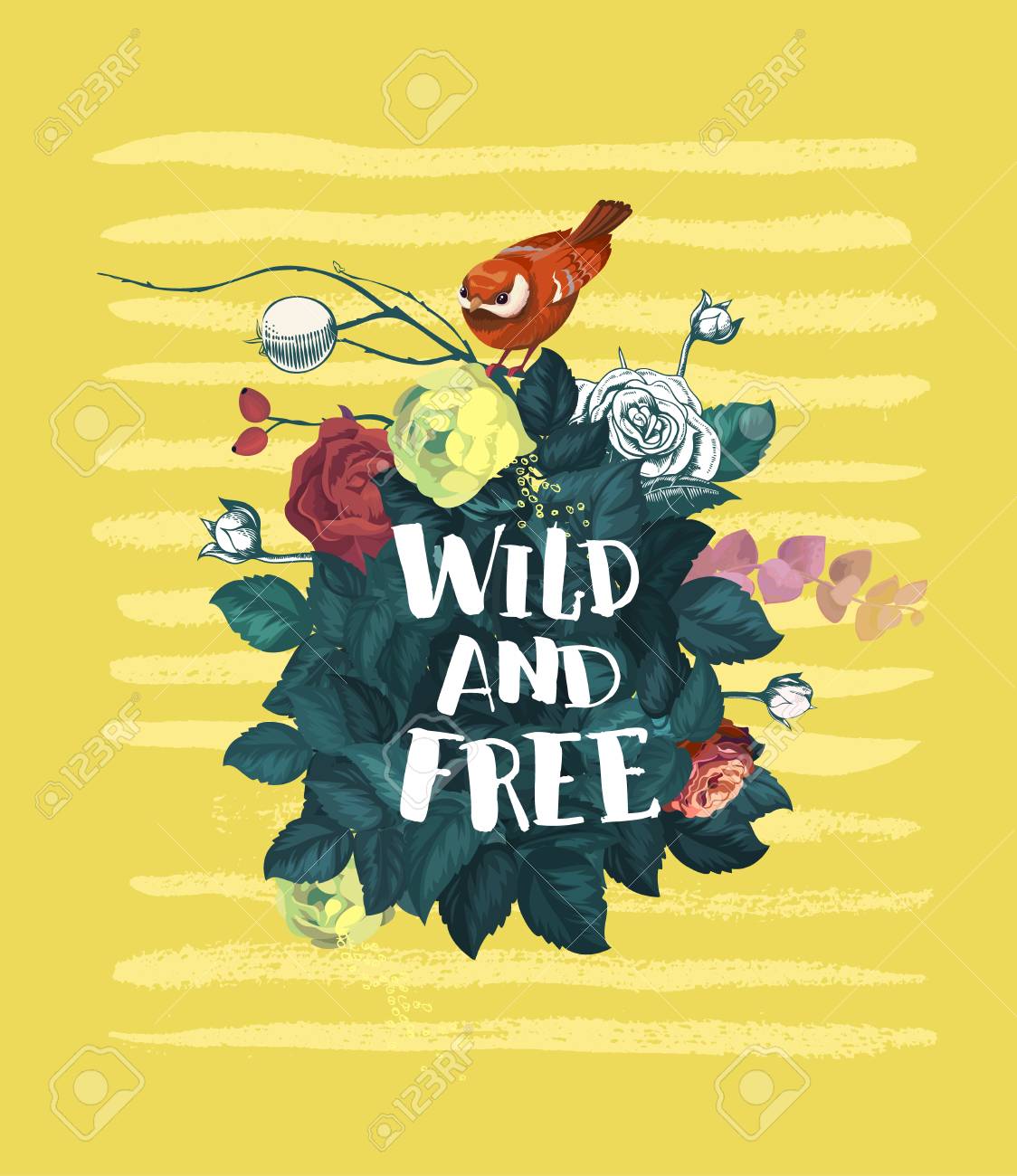 小さな鳥の野生のバラと黄色の背景に対してフォントの漢字で書かれた野生および自由のフレーズとブッシュの上に座っています 夏の花 はがきのベクトル イラスト T シャツを印刷します のイラスト素材 ベクタ Image