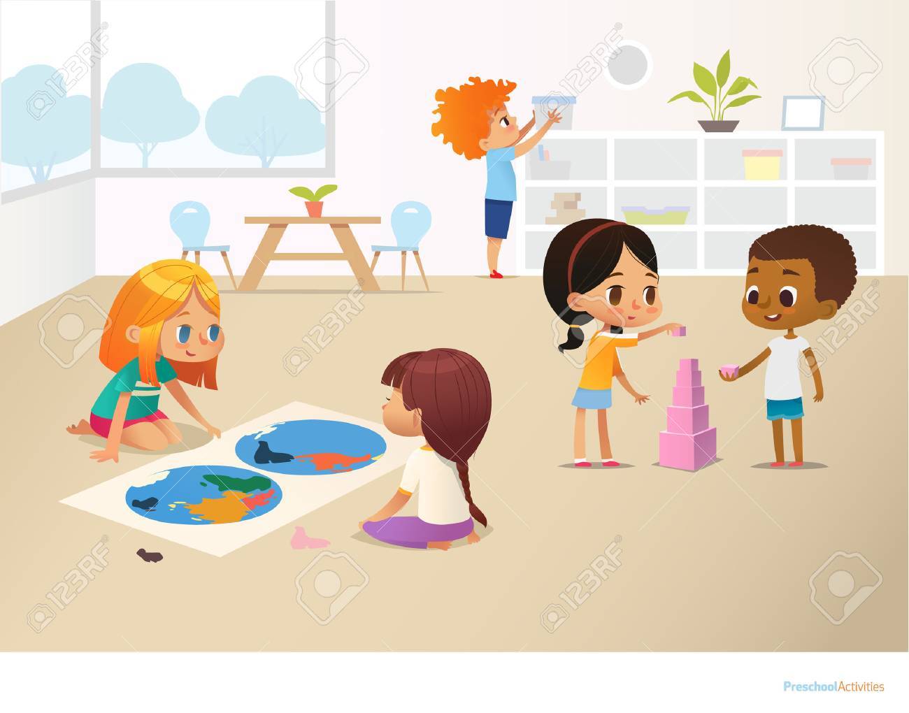 Smiling kids doing different tasks at primary school. Boys and girls building pyramid out of pink blocks and viewing world map. Montessori environment concept. Vector illustration for poster, banner - 77925340 Smiling kids doing different tasks at primary school. Boys and girls building pyramid out of pink blocks and viewing world map. Montessori environment concept. Vector illustration for poster, banner - 77925340