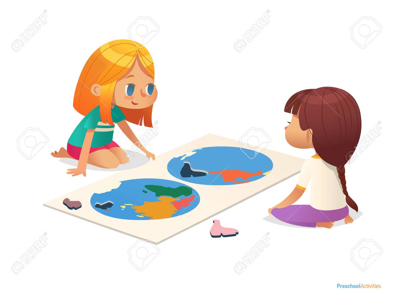 Two girls sitting on floor and trying to assemble world map puzzle. Educational activities for children. Learning through play concept. Vector illustration for poster, website, flyer, advertisement - 77925542 Two girls sitting on floor and trying to assemble world map puzzle. Educational activities for children. Learning through play concept. Vector illustration for poster, website, flyer, advertisement - 77925542