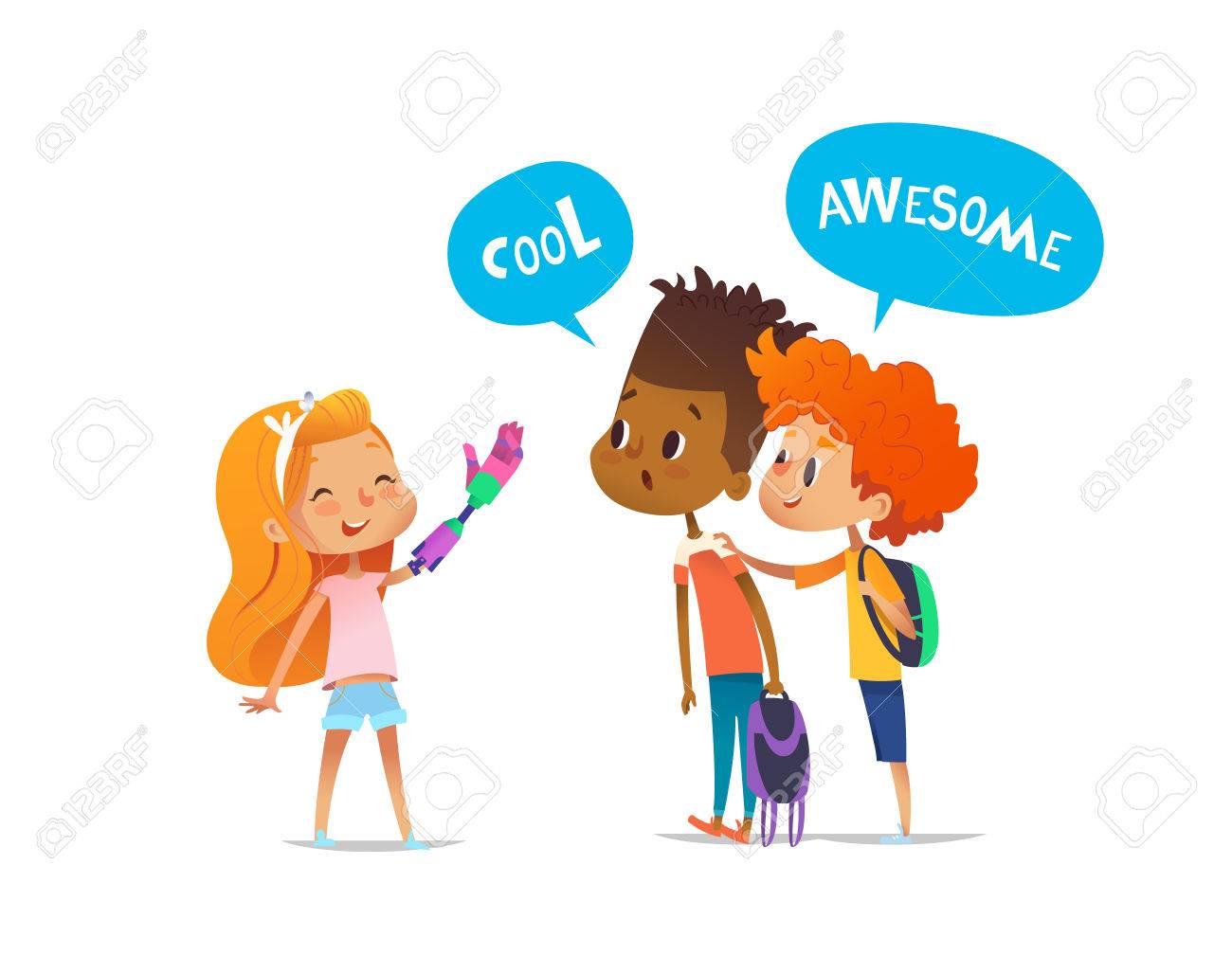 Smiling amputee girl shows robotic arm to two classmates, boys amazedly look at it and encourage her. Childrens friendship concept. Vector illustration for banner, website, advertisement, postcard - 78978742 Smiling amputee girl shows robotic arm to two classmates, boys amazedly look at it and encourage her. Childrens friendship concept. Vector illustration for banner, website, advertisement, postcard - 78978742