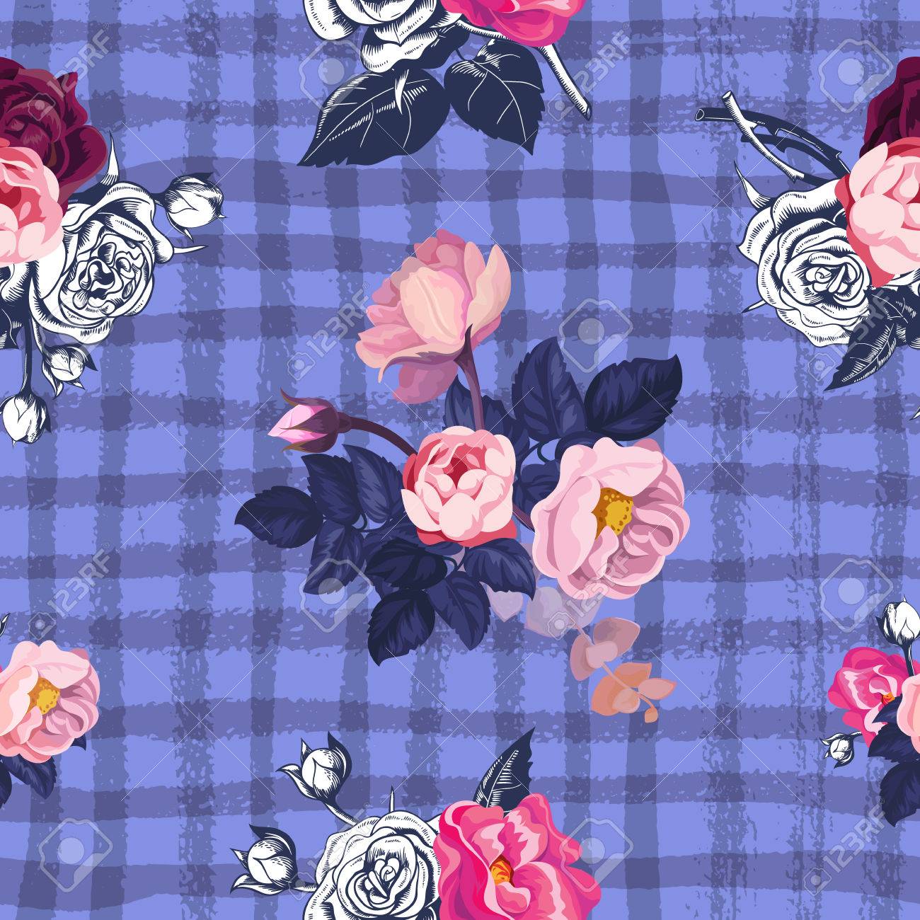 半色と素敵な花柄シームレスは 汚れた交差するペイント コースで紫の背景にピンクのバラの束します グリーティング カード 壁紙 ファブリックのためのベクトル図を印刷します のイラスト素材 ベクタ Image