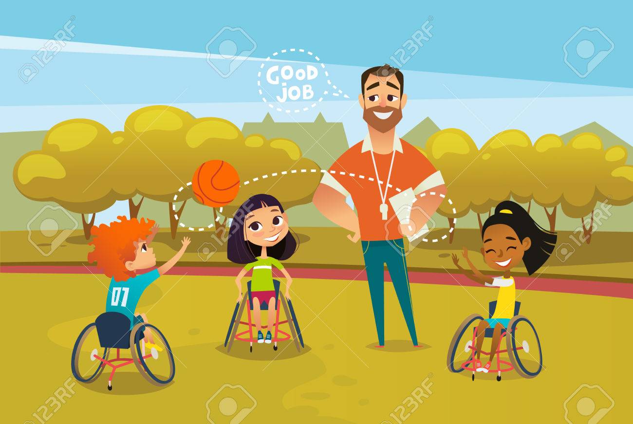 Joyful disabled kids in wheelchairs playing with ball and male coach standing near them and supervising. Concept of adaptive sports for children. Vector illustration for advertisement, banner, poster. - 84718339 Joyful disabled kids in wheelchairs playing with ball and male coach standing near them and supervising. Concept of adaptive sports for children. Vector illustration for advertisement, banner, poster. - 84718339