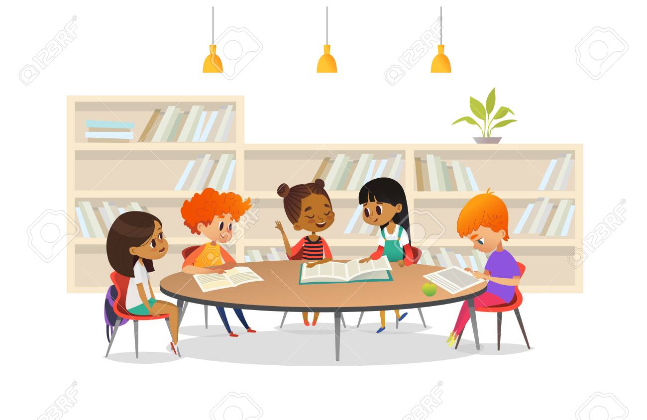 Group of children sitting around table at school library and listening to girl reading book out loud against bookcase or shelving on background. Cartoon vector illustration for banner, poster. - 90682319 Group of children sitting around table at school library and listening to girl reading book out loud against bookcase or shelving on background. Cartoon vector illustration for banner, poster. - 90682319
