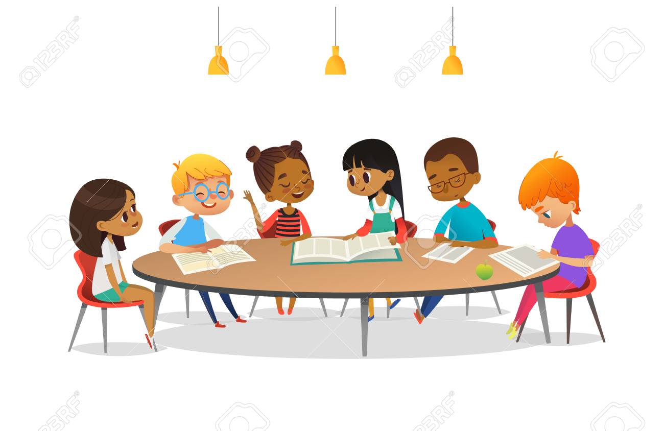 Boys and girls sitting around round table, studying, reading books and discuss them. Kids talking to each other at school library. Cartoon vector illustration for banner, poster, advertisement. - 90682315 Boys and girls sitting around round table, studying, reading books and discuss them. Kids talking to each other at school library. Cartoon vector illustration for banner, poster, advertisement. - 90682315