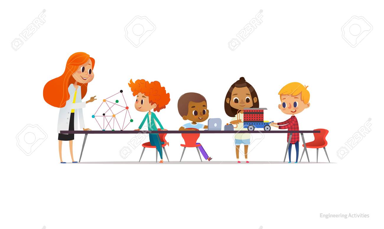 Redhead female teacher and school children standing and sitting around table, building and programming robotic car during engineering lesson. Vector illustration for banner, poster, advertisement - 90678642 Redhead female teacher and school children standing and sitting around table, building and programming robotic car during engineering lesson. Vector illustration for banner, poster, advertisement - 90678642