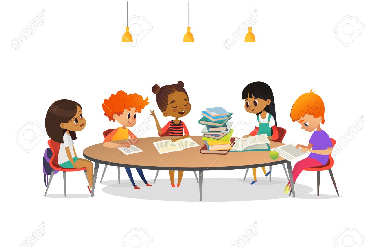 Multiracial children sitting around round table with pile of books on it and listening to girl reading aloud. School literature club. Cute cartoon characters. Vector illustration for banner, poster - 90680478 Multiracial children sitting around round table with pile of books on it and listening to girl reading aloud. School literature club. Cute cartoon characters. Vector illustration for banner, poster - 90680478