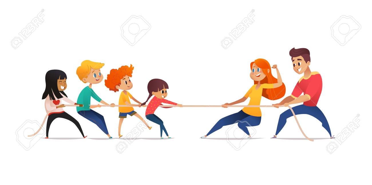 Mom, dad and children pulling opposite ends of rope. Tug of war competition between parents and their kids. Concept of family sports activity, generational conflict. Cartoon vector illustration - 91335913 Mom, dad and children pulling opposite ends of rope. Tug of war competition between parents and their kids. Concept of family sports activity, generational conflict. Cartoon vector illustration - 91335913