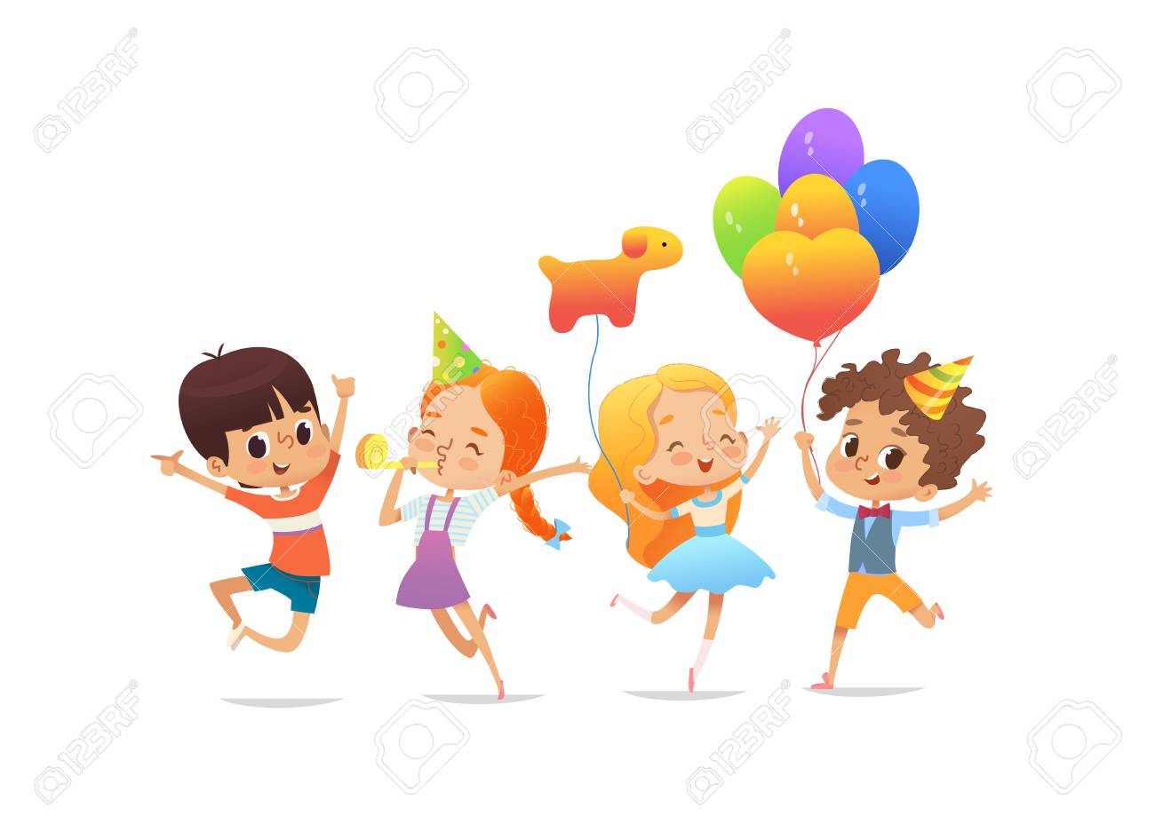 Happy school children with the balloons and birthday hats joyfully jumping - 97101185 Happy school children with the balloons and birthday hats joyfully jumping - 97101185