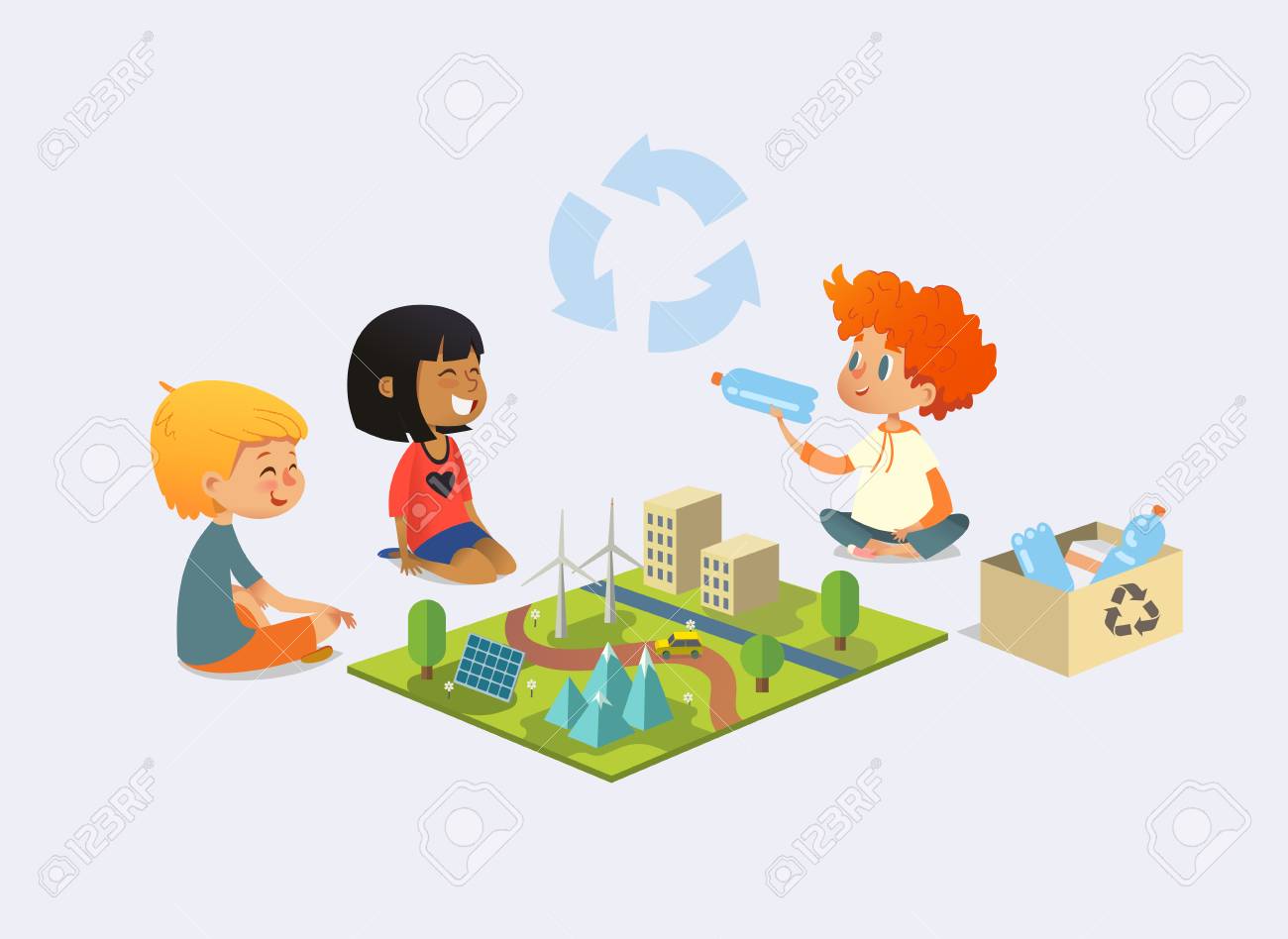 Happy kids sit on floor in circle around toy model with wind and solar power plants, redhead boy demonstrates plastic bottles and discuss recycling and ecological waste disposal. Vector illustration. - 101112289 Happy kids sit on floor in circle around toy model with wind and solar power plants, redhead boy demonstrates plastic bottles and discuss recycling and ecological waste disposal. Vector illustration. - 101112289