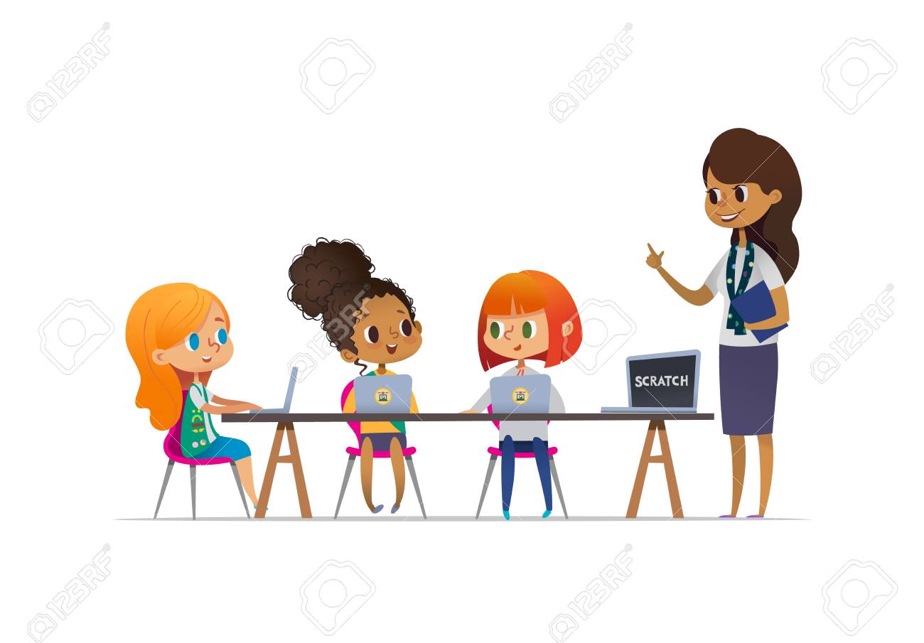 Happy girl scouts sitting at laptops and learning programming during lesson, smiling female troop leader standing near them. Concept of coding for children in scouting camp. Vector illustration. - 103907430 Happy girl scouts sitting at laptops and learning programming during lesson, smiling female troop leader standing near them. Concept of coding for children in scouting camp. Vector illustration. - 103907430