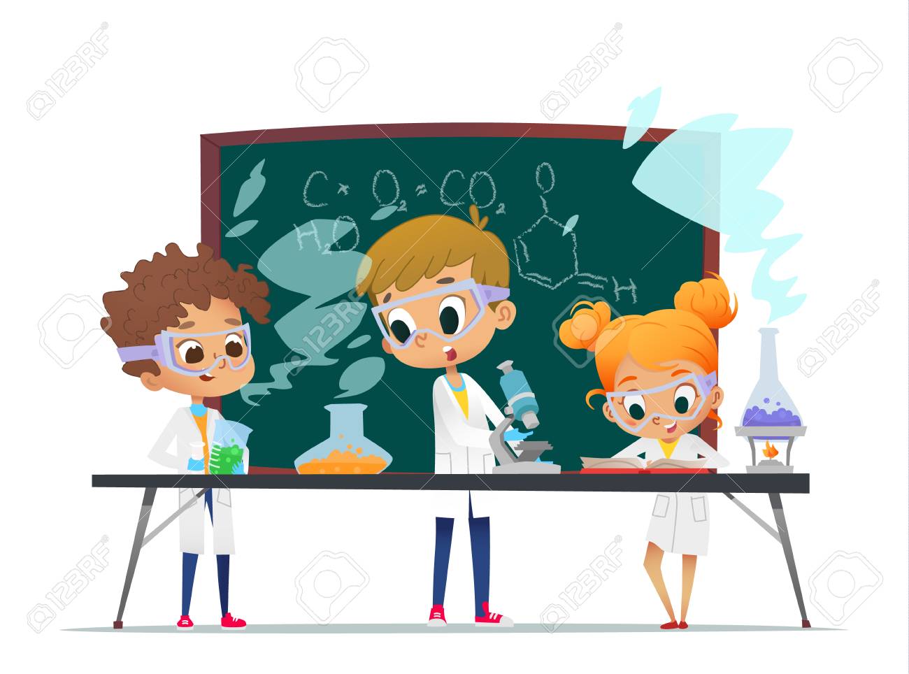 Funny little girl doing experiments in the laboratory. Explosion in the laboratory. Science and education. - 112375628 Funny little girl doing experiments in the laboratory. Explosion in the laboratory. Science and education. - 112375628