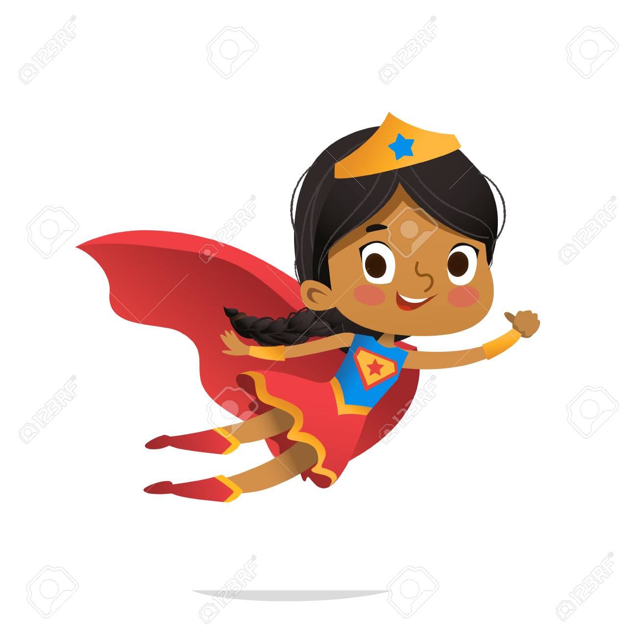 Flying African-American Girl wearing colorful costumes of superheroe, isolated on white background. Cartoon vector characters of Kid Superheroes, for party, invitations, web, mascot - 105818184 Flying African-American Girl wearing colorful costumes of superheroe, isolated on white background. Cartoon vector characters of Kid Superheroes, for party, invitations, web, mascot - 105818184