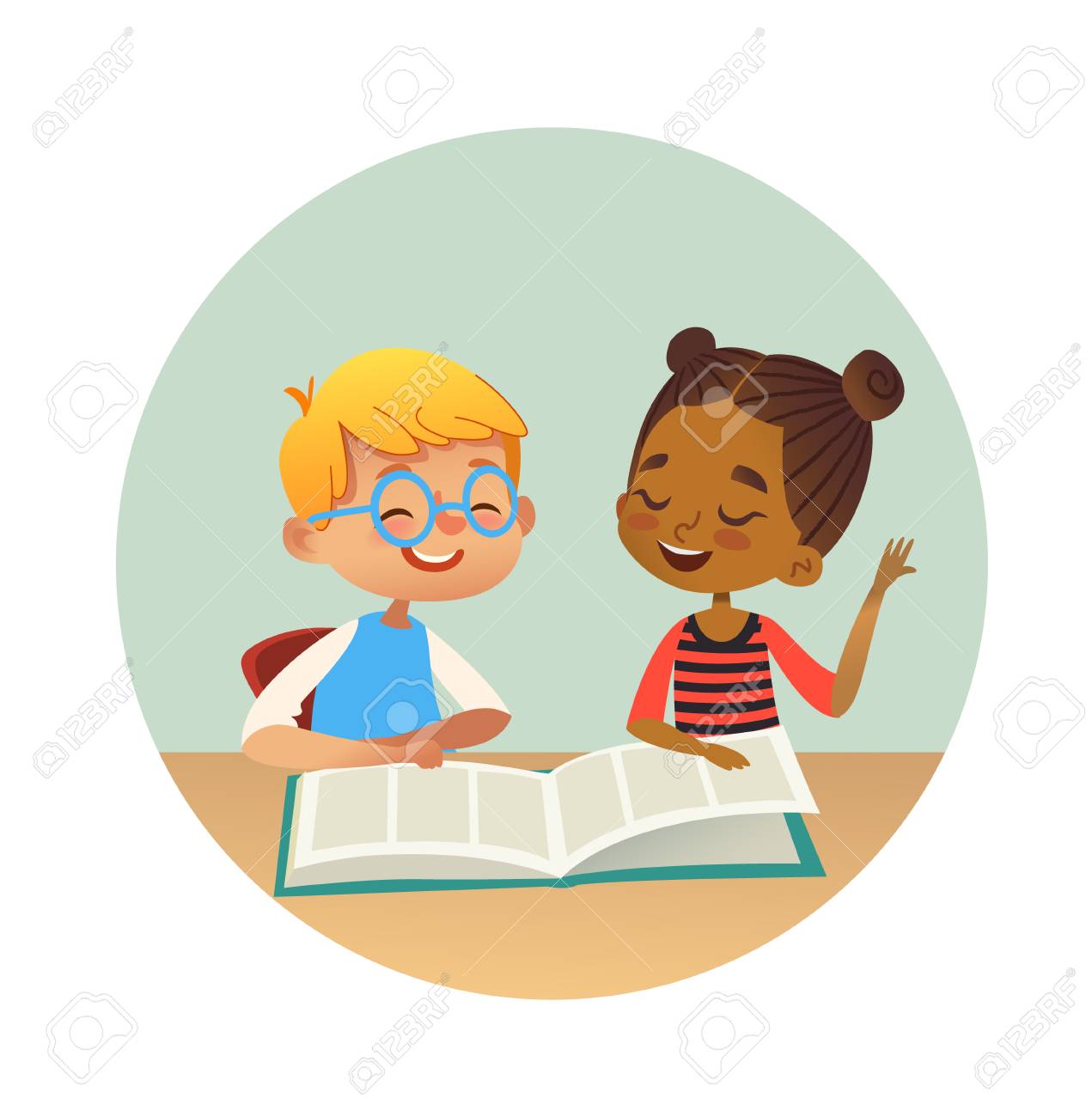 Smiling multiracial boy and girl reading books and talking to each other at school library. School kids discussing literature in round frames. Cartoon vector illustration for banner, poster. - 107381276 Smiling multiracial boy and girl reading books and talking to each other at school library. School kids discussing literature in round frames. Cartoon vector illustration for banner, poster. - 107381276