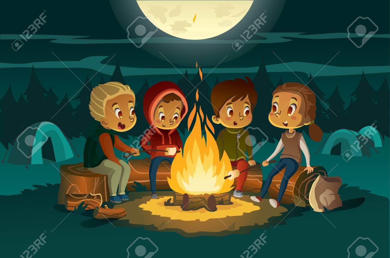 Kids camping in the forest at night near big fire. Children sitting in a cearcle, tell scary stotys and roast marshmallows. Tents in the background. Adventure and exploration concept. Vector - 110108714 Kids camping in the forest at night near big fire. Children sitting in a cearcle, tell scary stotys and roast marshmallows. Tents in the background. Adventure and exploration concept. Vector - 110108714