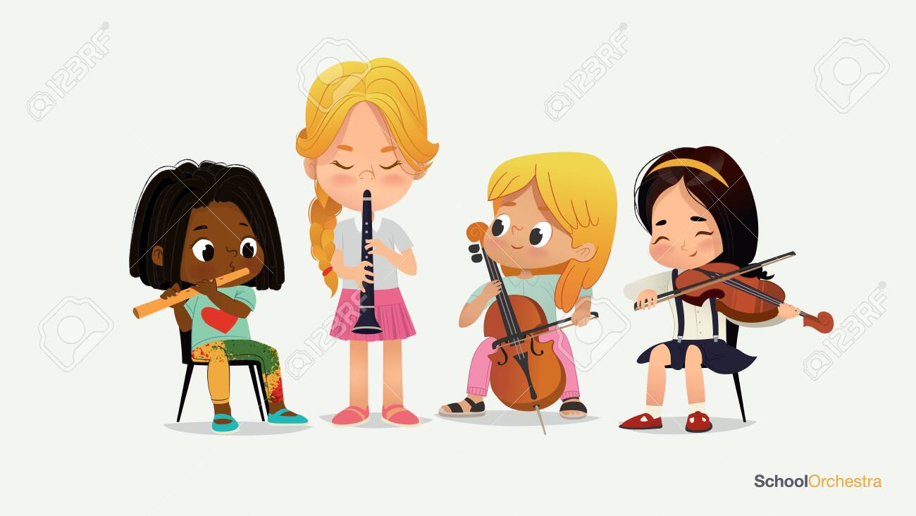 Girl Orchestra Play Different Music Instrument School Jazz Band. Yong Funny Star. Classroom Teenage Education. Acoustic Stereo Sound. Violin Cultural Concert Flat Cartoon Vector Illustration Royalty Free Cliparts, Vectors, And Stock Illustration.