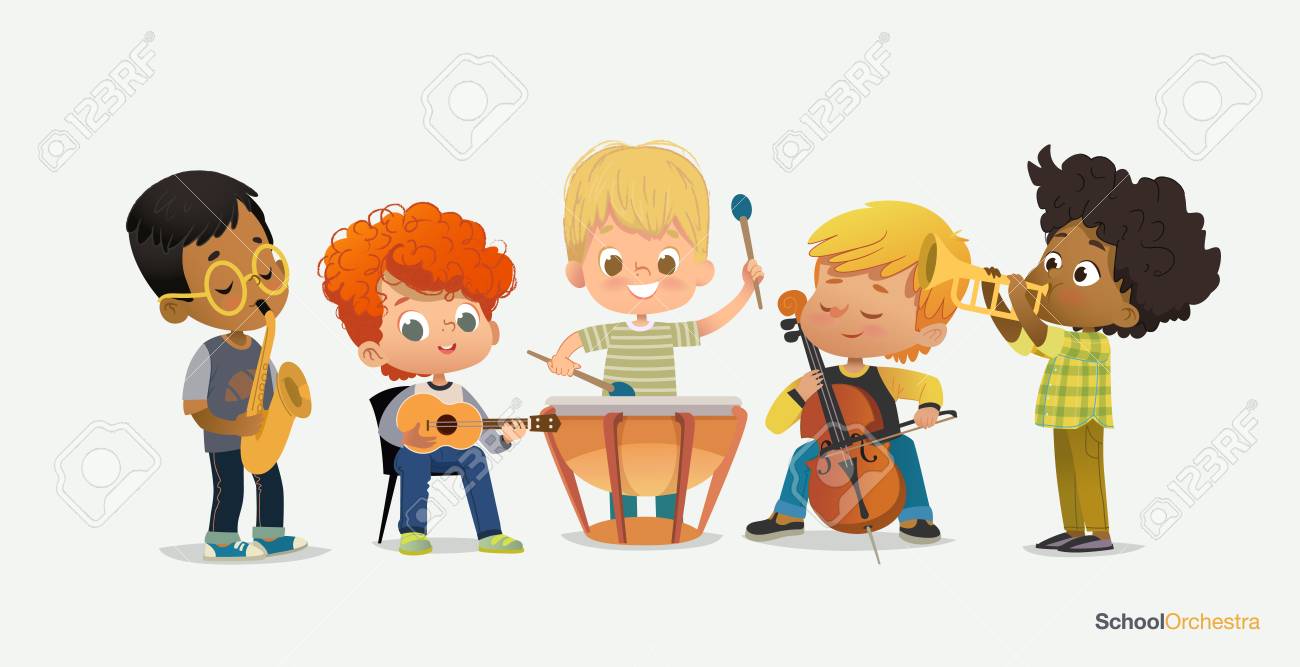 Boy Orchestra Play Different Music Instrument Jazz Band Performance Teenage Happy In Classroom Saxophone Kid Concert Pupil Acoustic Star Drum Stereo Sound Flat Cartoon Vector Illustration Royalty Free Cliparts Vectors And Stock