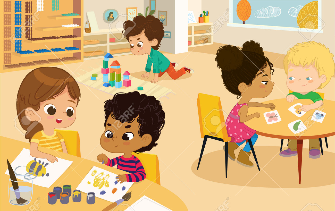 Preschool class. vector illustraties van kleuterschool kinderen in de speelkamer, jongens en meisjes betrokken bij verschillende activiteiten en maken plezier. multiculturele kids draw, speel met kaarten, houten cubes en blocs vector illustratie voor poster, banner. - 163843188 Preschool class. vector illustraties van kleuterschool kinderen in de speelkamer, jongens en meisjes betrokken bij verschillende activiteiten en maken plezier. multiculturele kids draw, speel met kaarten, houten cubes en blocs vector illustratie voor poster, banner. - 163843188