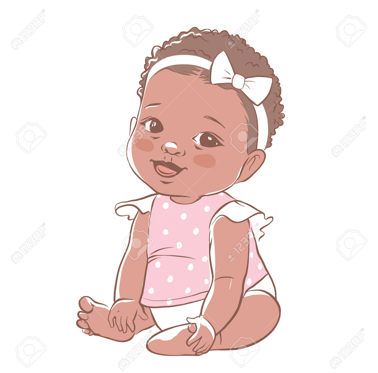 Cute Baby Girl Sitting And Smiling. Active Dark Skin Baby Of 3-12 Months  Dressed In Baby Clothes. First Years Baby Development. African Ethnicity  Child. Vector Illustration In Pastel Colors. Royalty Free SVG,, image size:1300x1281