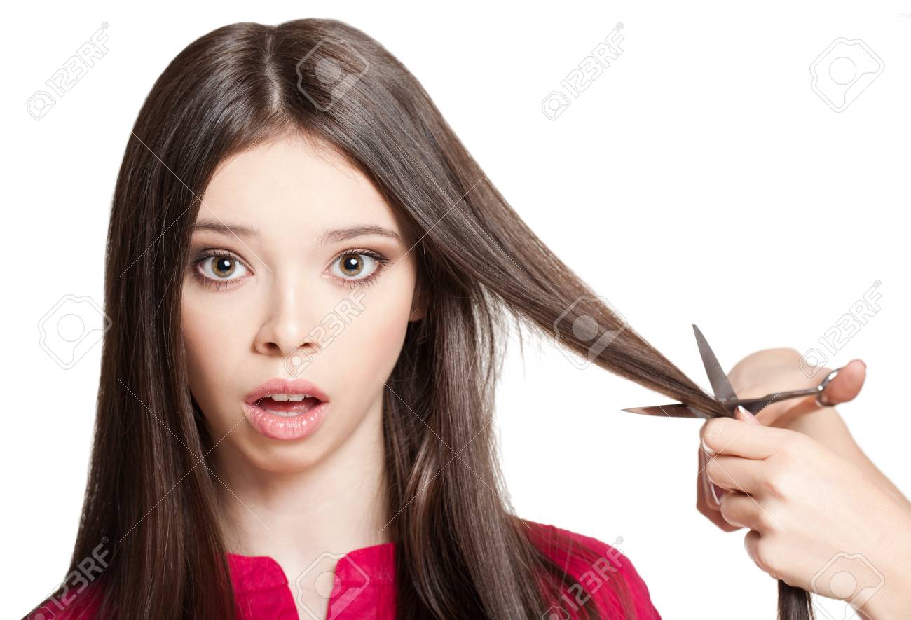 Long Hair Decision Young Brunette Beauty Getting A Haircut