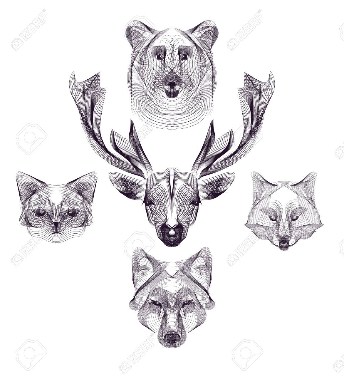 Hipster Vecteur Tete D Animal Set Deer Loup L Ours Le Renard Le Chat Les Animaux Sauvages Illustration Pour Les Affiches Cartes De Voeux Des Depliants Banniere Web Designs Vacances Mariage Affaires Anniversaire Invitations