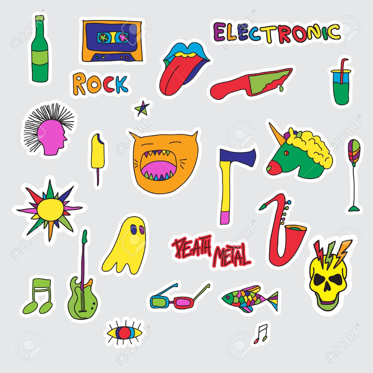 パッチとステッカーのセット 手描き ファッションかわいい漫画イラスト ポップアートのスタイル のイラスト素材 ベクタ Image