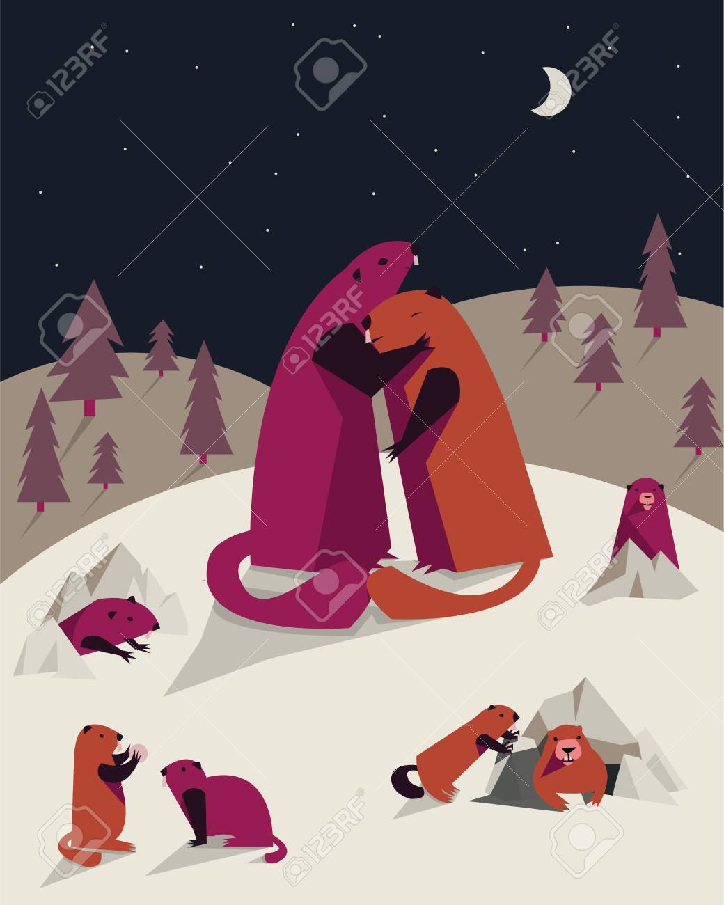 Carte De Voeux De Vecteur Avec La Famille De La Marmotte Jour De La Marmotte Fete Anniversaire Invitation Carte De Voeux Enfants Clip Art Libres De Droits Vecteurs Et Illustration Image