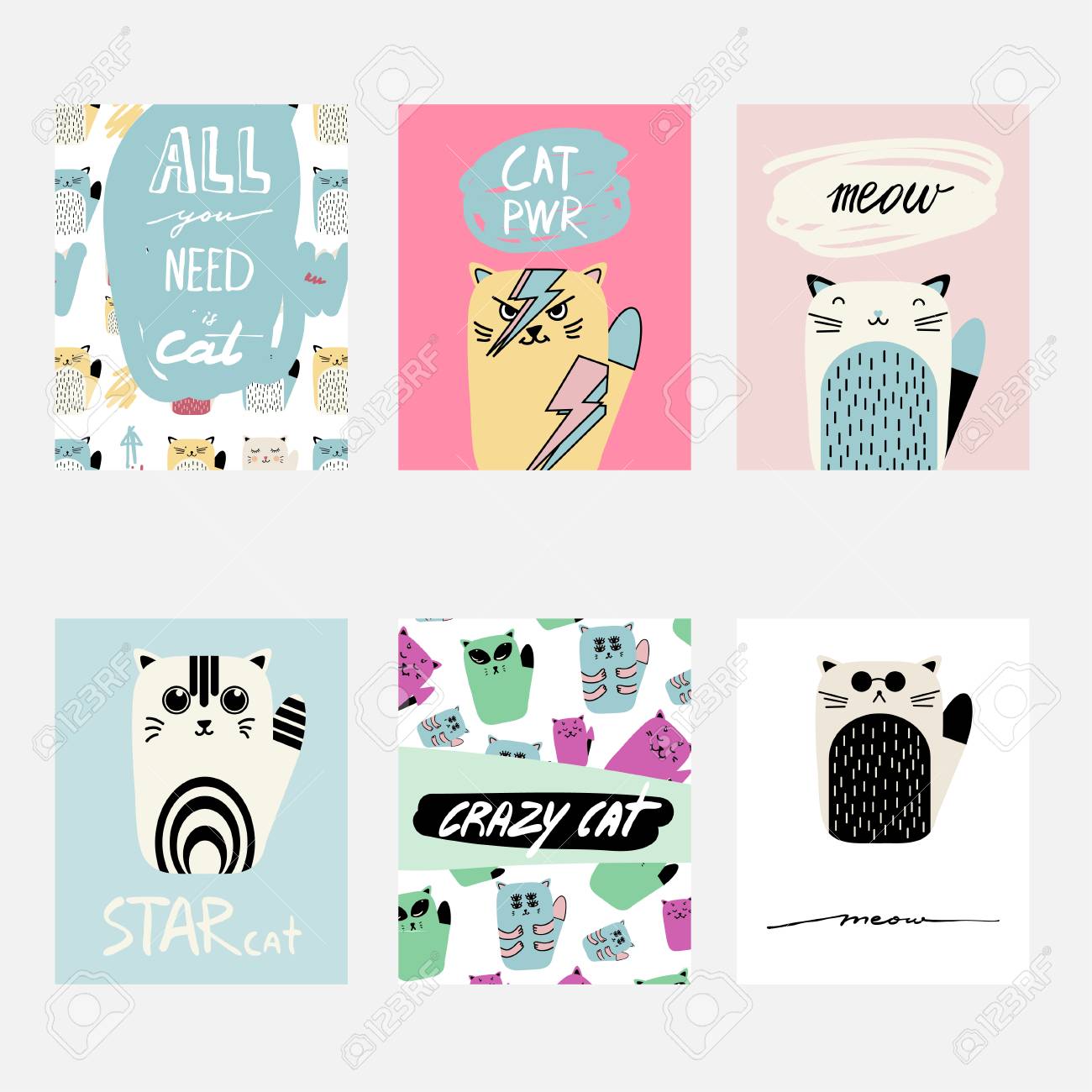 Vector Carte De Voeux Dessin Animee Avec Des Chats Modele Amuse A La Main Pour Les Cartes Les Depliants Les Brochures Les Affaires L Anniversaire L Anniversaire Le Mariage L Invitation A La Fete Les