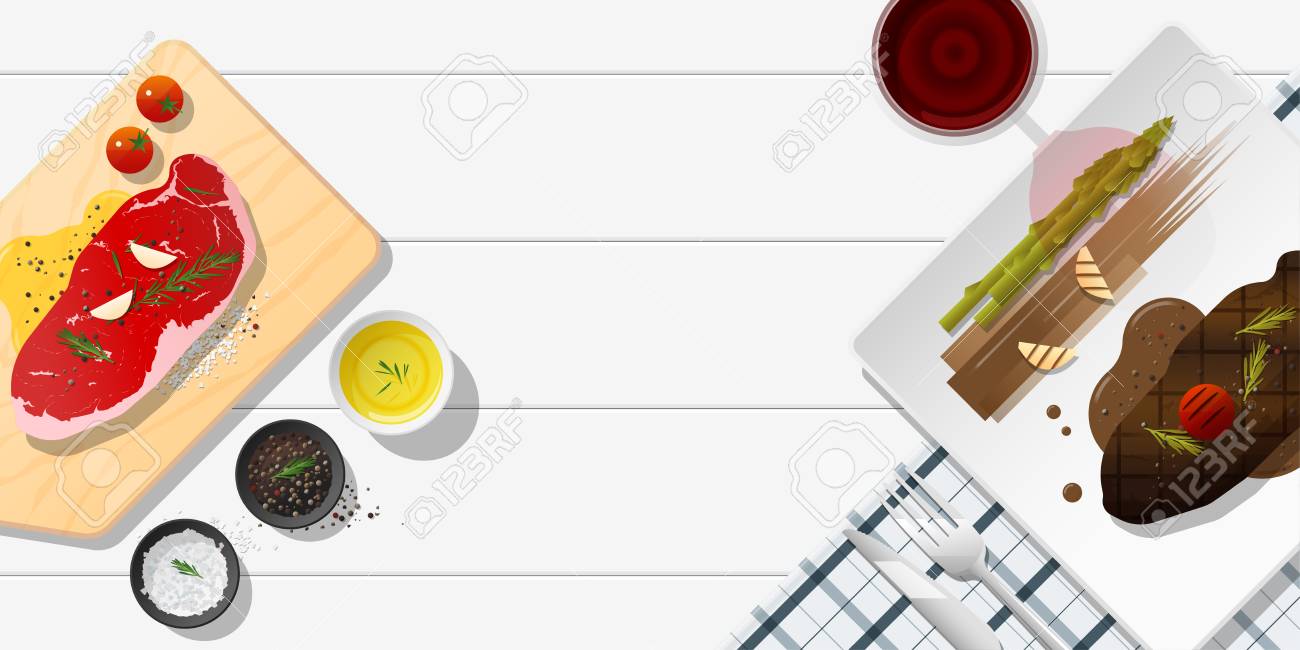 Raw fresh meat and grilled meat strip loin steak on white table , healthy food background , vector , illustration - 114773746 Raw fresh meat and grilled meat strip loin steak on white table , healthy food background , vector , illustration - 114773746