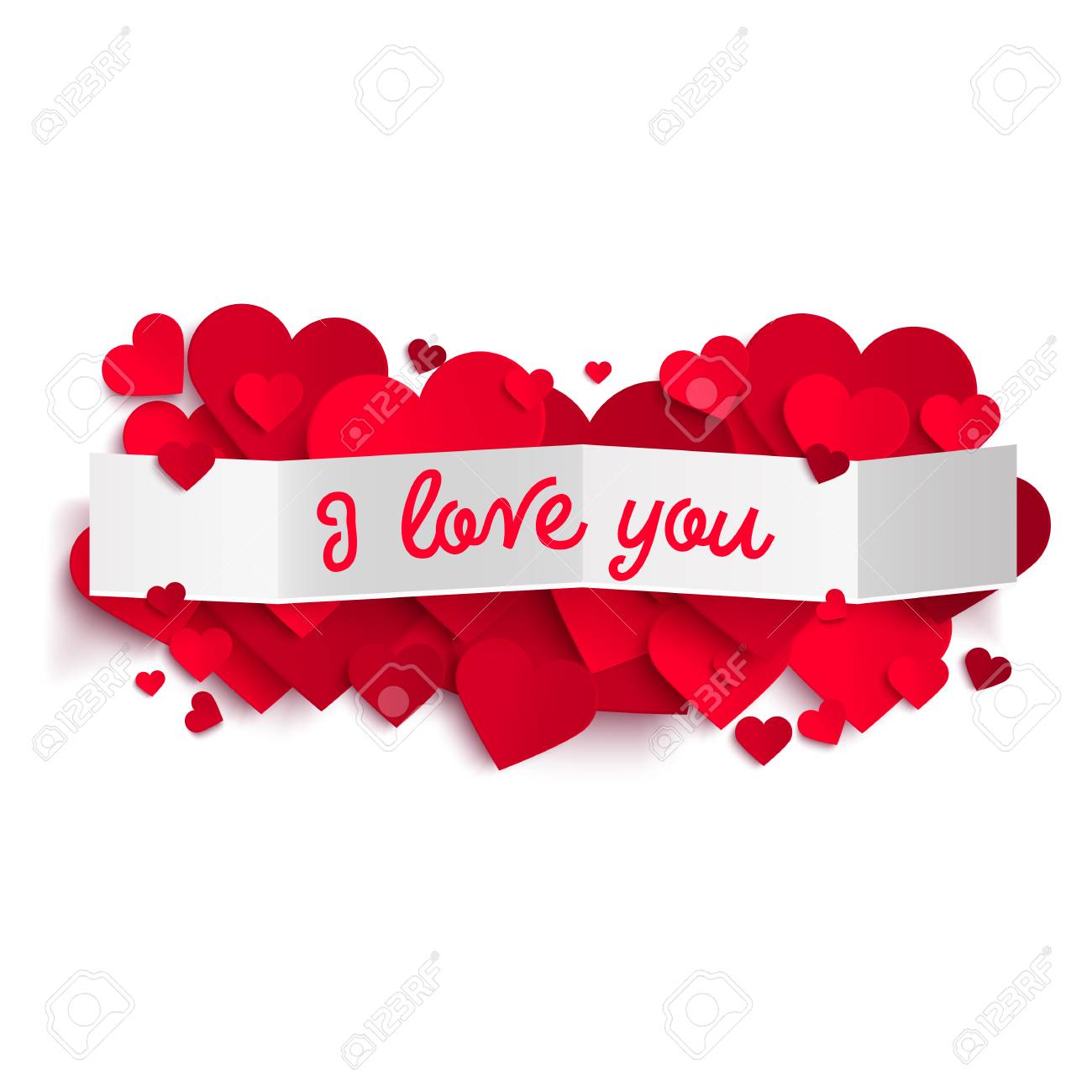 I Love You Text On White Paper Banner And Realistic Pink Hearts