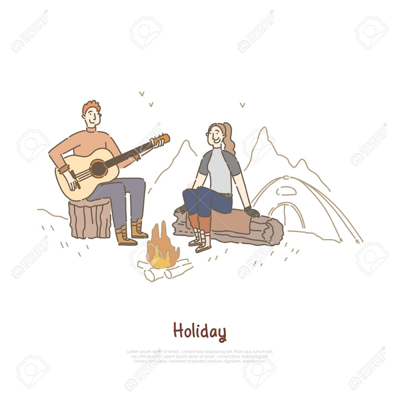 Young Couple Sitting Together By Campfire Man Playing Guitar
