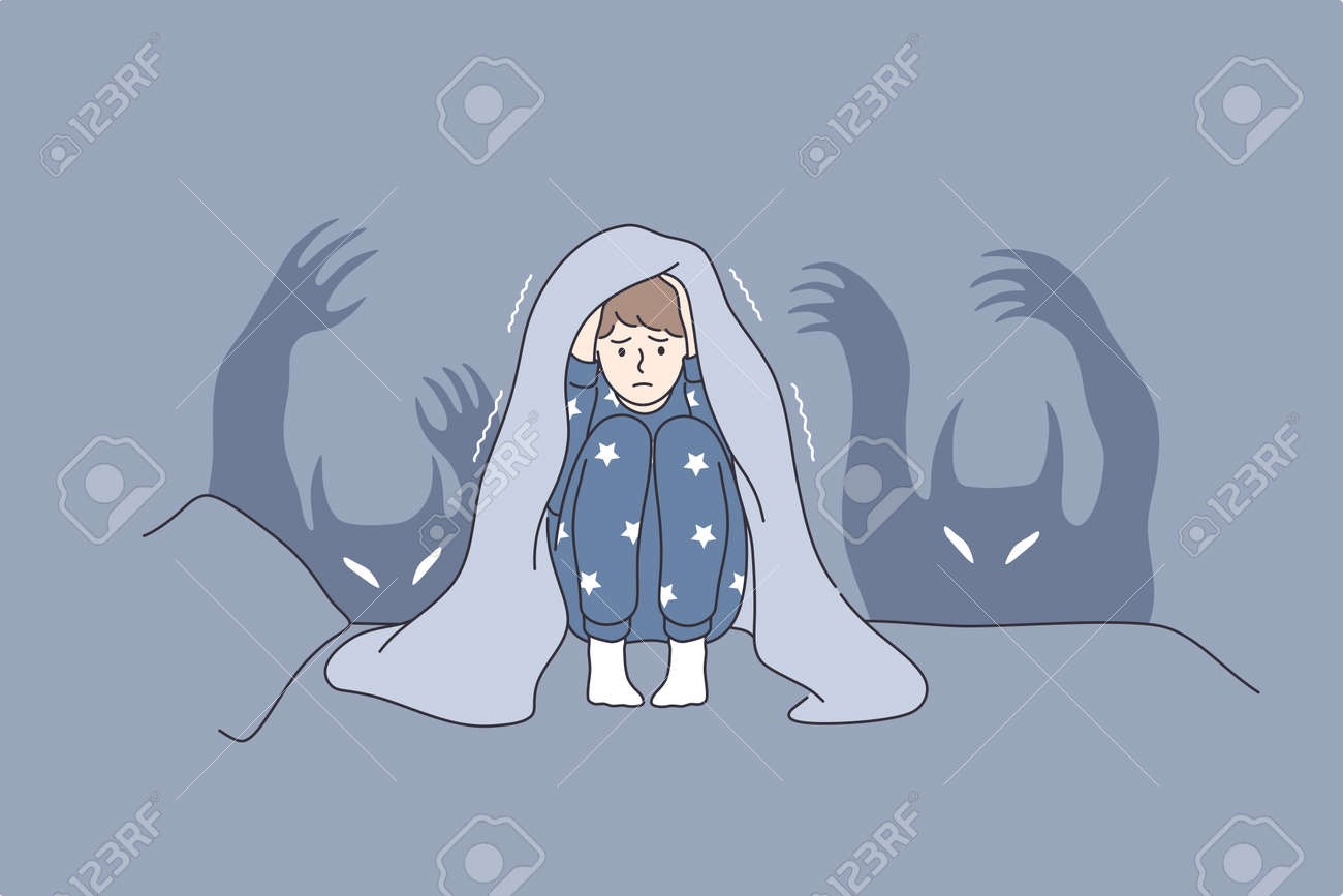 Crianças, pesadelos, e, medos, conceito., medo, criança, desenho animado, personagem, sentando, cama, cobrindo, cabeça, com, cobertor, medo, de, fantasmas, e, esconder, em, cama, ilustração vetorial - 170534608 Crianças, pesadelos, e, medos, conceito., medo, criança, desenho animado, personagem, sentando, cama, cobrindo, cabeça, com, cobertor, medo, de, fantasmas, e, esconder, em, cama, ilustração vetorial - 170534608