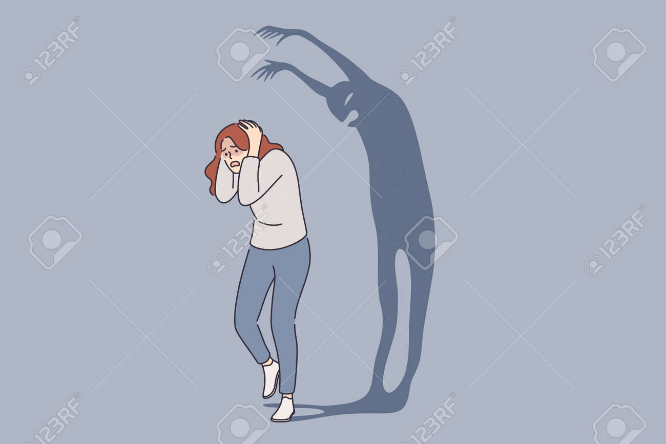 Psicologia, ataque de pânico, fobia, conceito de frustração. mulher assustada personagem de desenho animado em pé escapando monstro sombra assustador que sofre de medos de ilustração vetorial de saúde mental - 172296896 Psicologia, ataque de pânico, fobia, conceito de frustração. mulher assustada personagem de desenho animado em pé escapando monstro sombra assustador que sofre de medos de ilustração vetorial de saúde mental - 172296896