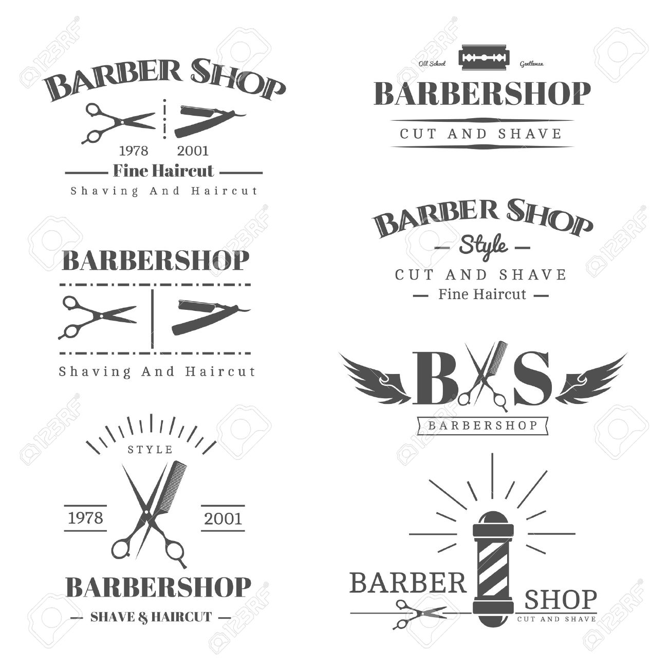 Vector set of retro barber shop labels, logo, badges and design element - 46957432 Vector set of retro barber shop labels, logo, badges and design element - 46957432