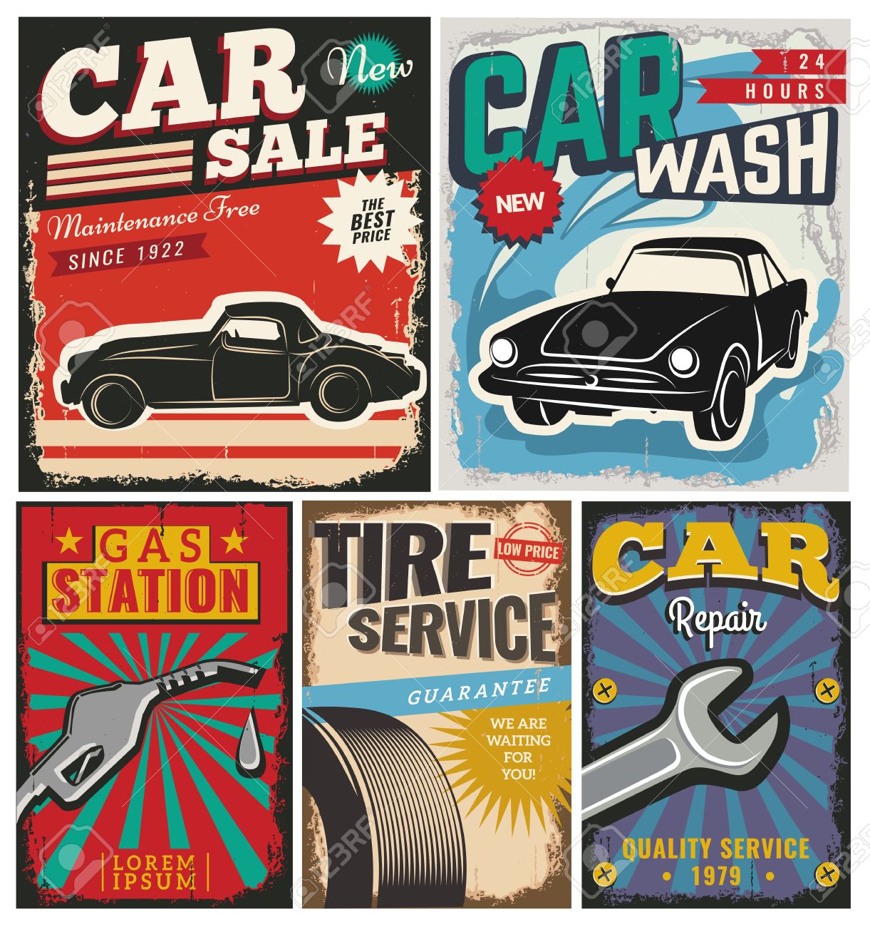 vintage retro style set of vector cars flyer template garage