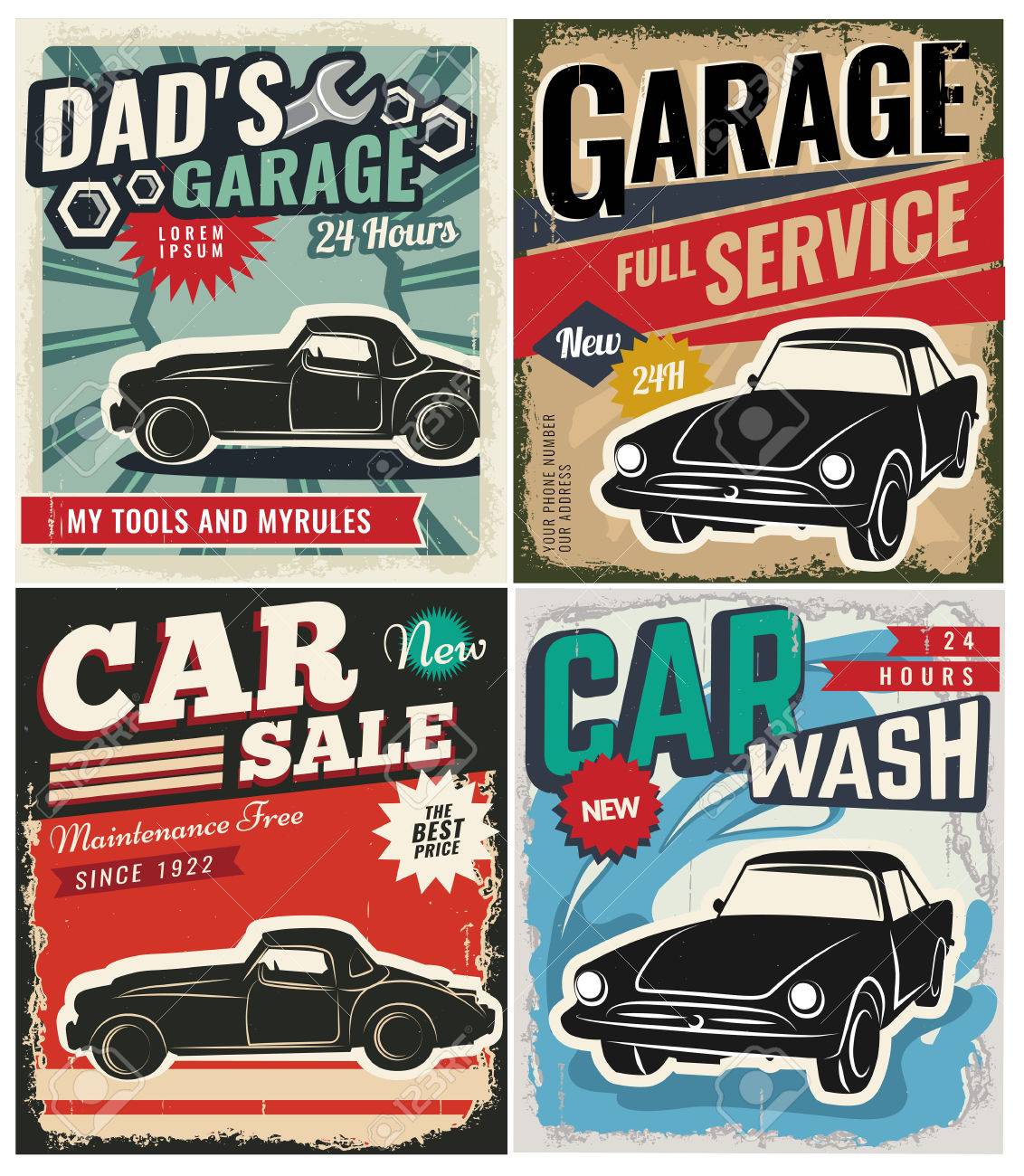 vintage retro style set of vector cars flyer template garage