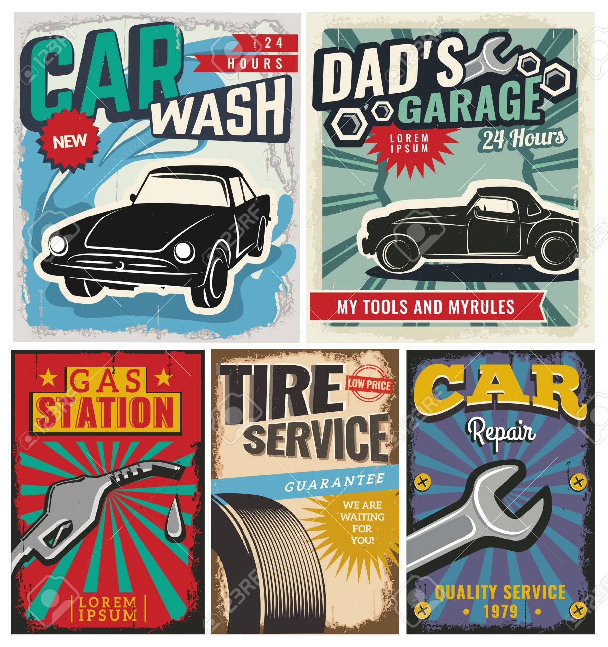 vintage retro style set of vector cars flyer template garage