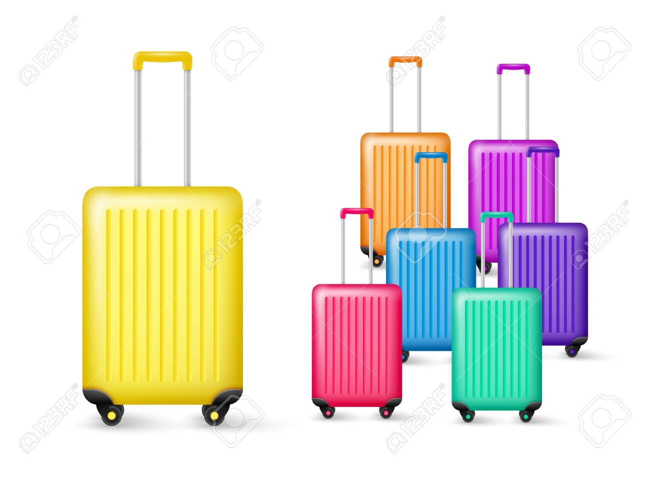 Realistic travel luggage collection. Plastic bag in different colors isolated on white background. Vector illustration. - 147254457 Realistic travel luggage collection. Plastic bag in different colors isolated on white background. Vector illustration. - 147254457