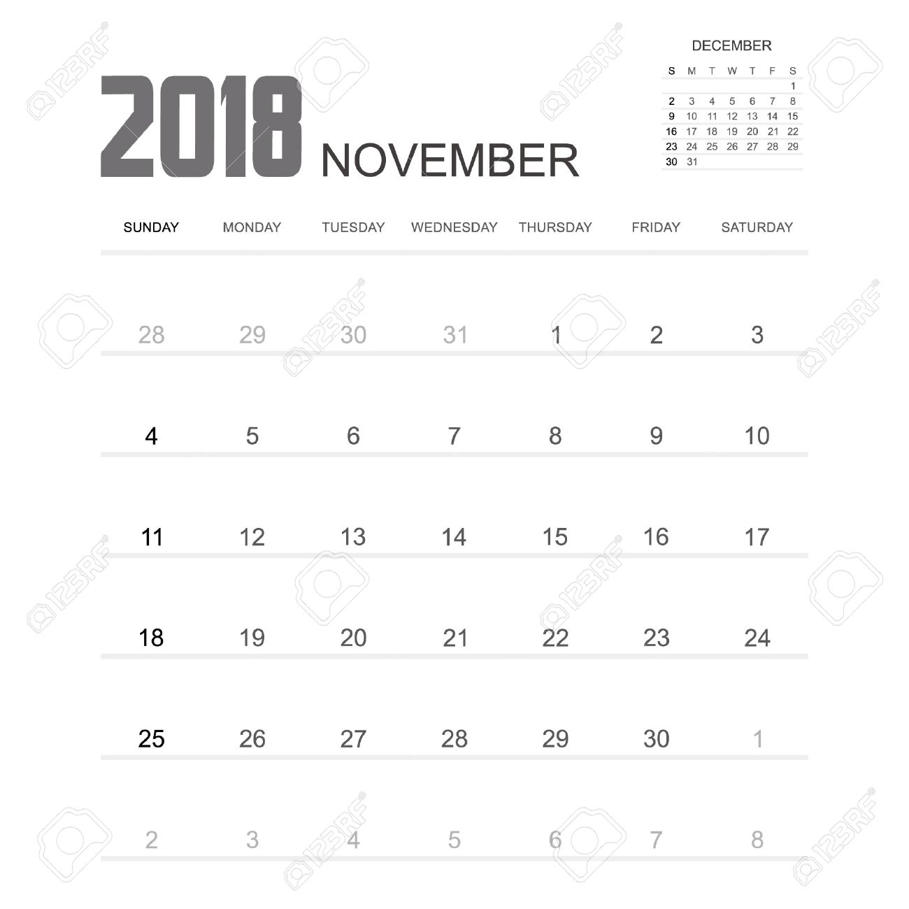 el diseño de noviembre 2018 calendario del planificador