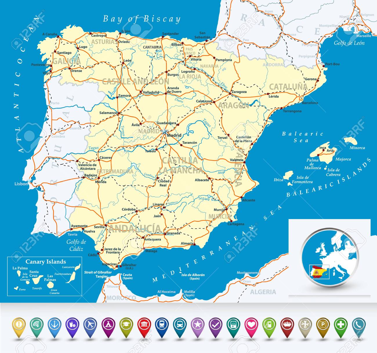 Detailed Map Of Spain With Bubble Icons, Highways,railways, Cities And Rivers. Royalty Free SVG, Cliparts, Vectors, and Stock Illustration. Image 145545392. for Free Printable Map Of Spain