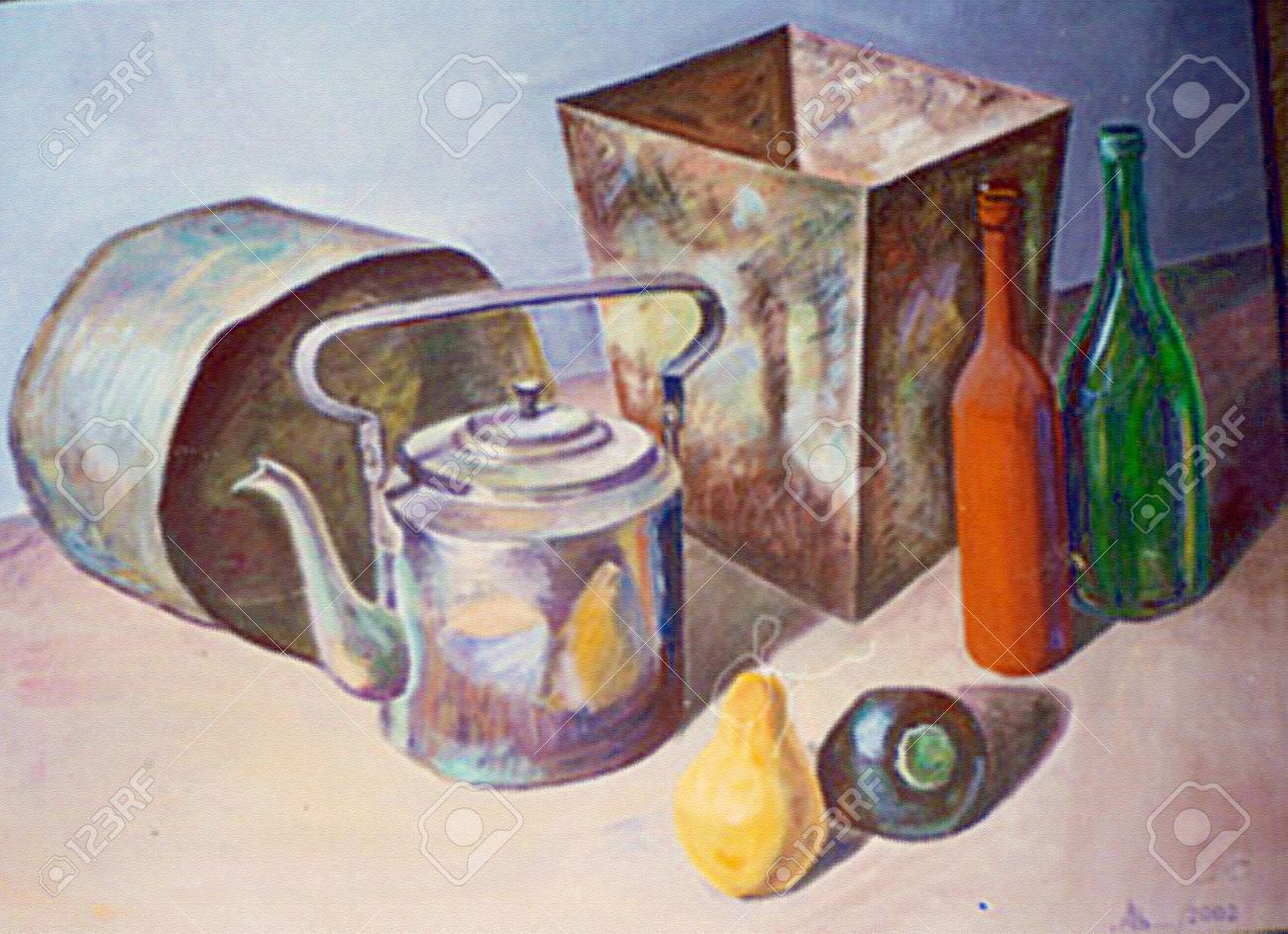 静物画 油彩画 ボトルとポット