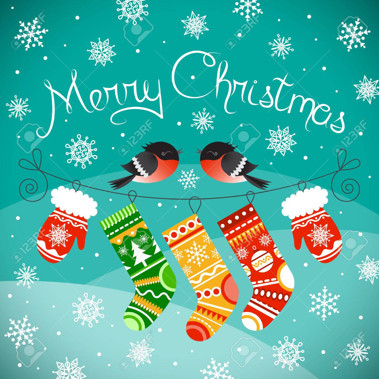 メリー クリスマス カード クリスマス手袋とソックス 行でみごと 雪と雪に覆われた丘の背景 のイラスト素材 ベクタ Image